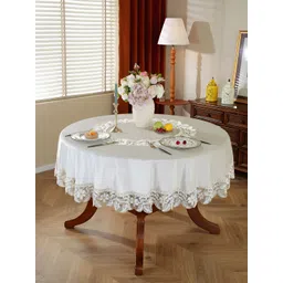 MONKDECOR White Floral Round 4-Seater Table Cover with Embroidered details-picture-34