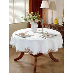 MONKDECOR White Floral Round 6-Seater Table Cover with Embroidered details-picture-12