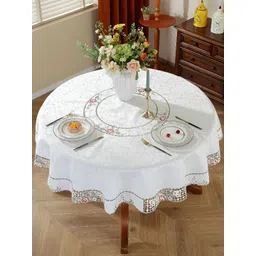 MONKDECOR White Floral Round 6-Seater Table Cover with Embroidered details image 3