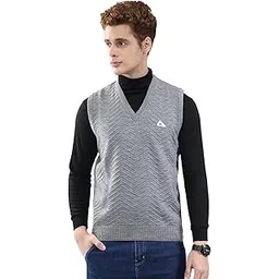 Men Sleeveless Sweater | V Neck Self Design Knitwear Vest | Regular Fit Pullover for Office & Casual Layering (Pack of 1)-image-4