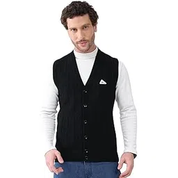 Men V Neck Sleeveless Cardigan | Self Design Knitwear Vest | Regular Fit Sweater for Winter Layering & Office Wear (Pack of_1)-image-6