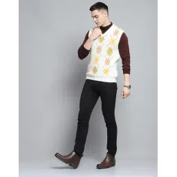 monte carlo Mens Self Design Off White V Neck Sleeveless Sweater_1243283SL-1 image 5