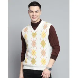 monte carlo Mens Self Design Off White V Neck Sleeveless Sweater_1243283SL-1 image 1