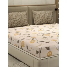 Monte Carlo Beige & Mustard Printed Cotton 110 TC Queen Bedsheet Set 2.24 m x 2.54 m-picture-37