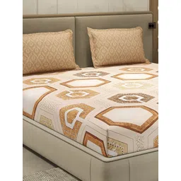Monte Carlo Beige & Mustard Printed Cotton 130 TC Queen Bedsheet Set 2.3 m x 2.5 m-picture-22
