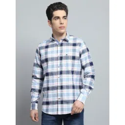 Monte Carlo Blue & White Cotton Regular Fit Checks Shirt-picture-31