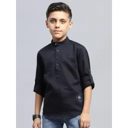 Monte Carlo Boys Navy Blue Self Design Band Neck Pure Cotton Shirt-picture-41
