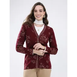 Monte Carlo Burgundy Blend Wool Woven Design Cardigan-picture-30