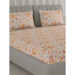 Monte Carlo F-Fashnik Orange Polyester Floral 130 TC Double Bedsheet with 2 Pillow Covers-picture-39