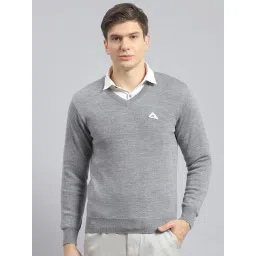 Monte Carlo Grey Melange Pure Wool Regular Fit Solid Pullover-picture-32
