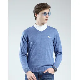 monte carlo Men Solid V Neck Blue Sweater-picture-14