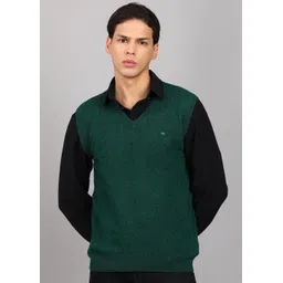 monte carlo Men Solid V Neck Green Sweater-picture-16
