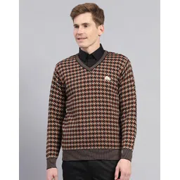 monte carlo Men Striped V Neck Brown Sweater-picture-11