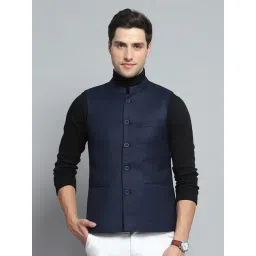 Monte Carlo Mens Solid Blue Band Neck Sleeveless Waist Coat-picture-27