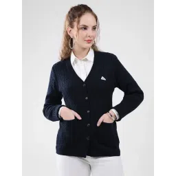 Monte Carlo Navy Blue Blend Wool Woven Design Cardigan-image-25