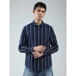 Monte Carlo Navy Blue Cotton Regular Fit Striped Shirt-picture-32