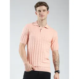 Monte Carlo Peach Cotton Blend Regular Fit Self Design Polo T-Shirt-picture-40