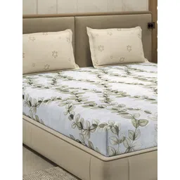 Monte Carlo White & Olive Green Printed Cotton 110TC Queen Bedsheet Set 2.24 m x 2.54 m image 1