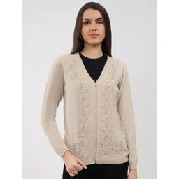 Monte Carlo Women Embroidered Self Design V Neck Full Sleeve Woollen Cardigan-picture-11