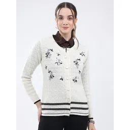 Monte Carlo Women Floral Embroidered Round Neck Ribbed Cardigan Sweater-picture-19