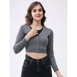 Monte Carlo Women Solid V-Neck Crop Cardigan Sweater-picture-33