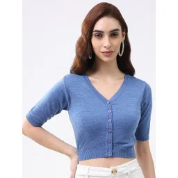 Monte Carlo Women Solid V Neck Half Sleeves Woollen Crop Cardigan-picture-39