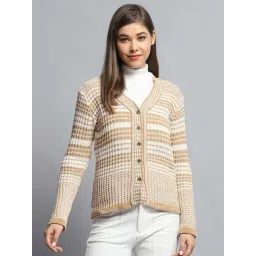 Monte Carlo Women's Beige Striped V Neck Full Sleeve Cardigan-picture-20