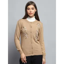 Monte Carlo Women's Brown Self Design Round Neck Full Sleeve Cardigan-picture-21