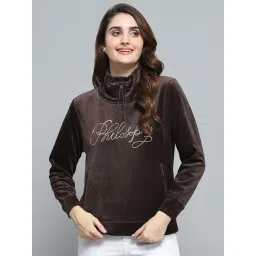 Monte Carlo Women's Dark Brown Self Design Mock Neck Full Sleeve Sweatshirt-picture-26