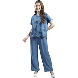 monte carlo Women's Embroidered Co-ord Set | Short Sleeve Collar Neck Shirt & Wide-Leg Pants | Chic & Comfortable Cord Set For Women's-picture-55