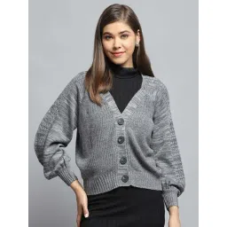 Monte Carlo Women's Grey Self Design V Neck Full Sleeve Cardigan-picture-28