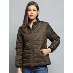 Monte Carlo Women's Olive Self Design Mock Neck Full Sleeve Jacket-picture-36