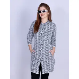 MONTREX Women Geometric Self Design Round Neck Long Sleeves Longline Cardigan Sweaters-picture-30