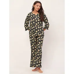 Moomaya Black & Beige Cotton Floral Print Top With Pyjamas-picture-22