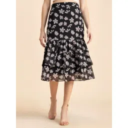 Moomaya Black & Off White Floral Print Skirt-picture-35