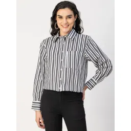 Moomaya Black & White Cotton Striped Shirt-image-24