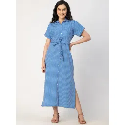Moomaya Blue & White Cotton Striped Shirt Dress-picture-19