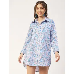 Moomaya Blue & White Floral Print Long Shirt-picture-39