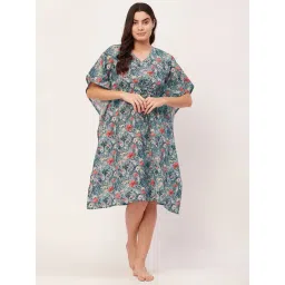 Moomaya Blue Cotton Floral Print Kaftan Night Dress-picture-16