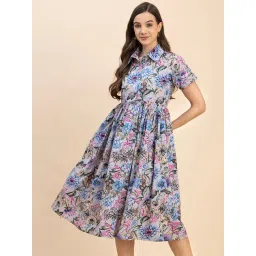 Moomaya Blue Cotton Floral Print Shirt Dress-picture-33