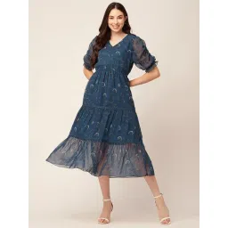 Moomaya Blue Floral Print Midi Dress-picture-19