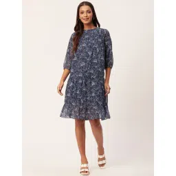 Moomaya Blue Floral Print Shift Dress-picture-21