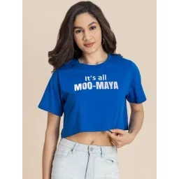 Moomaya Blue Graphic Print Crop T-Shirt-picture-10