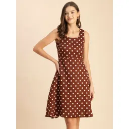 Moomaya Brown & White Polka Dot A Line Dress-picture-30