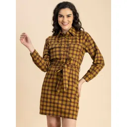 Moomaya Brown Cotton Checks A Line Dress-picture-16