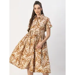 Moomaya Brown Cotton Printed Shirt Dress-picture-22