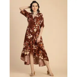 Moomaya Brown Floral Print High-low Dress-picture-28