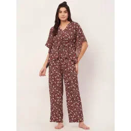 Moomaya Brown Floral Print Kaftan Top With Pyjamas-picture-18