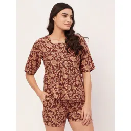Moomaya Brown Floral Print Top With Shorts-picture-32