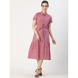 Moomaya Burgundy Cotton Striped Midi Dress-picture-46